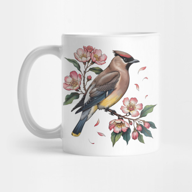 Vintage Cedar Waxwing with Deep Pink Spring Flowers by BirdsnStuff