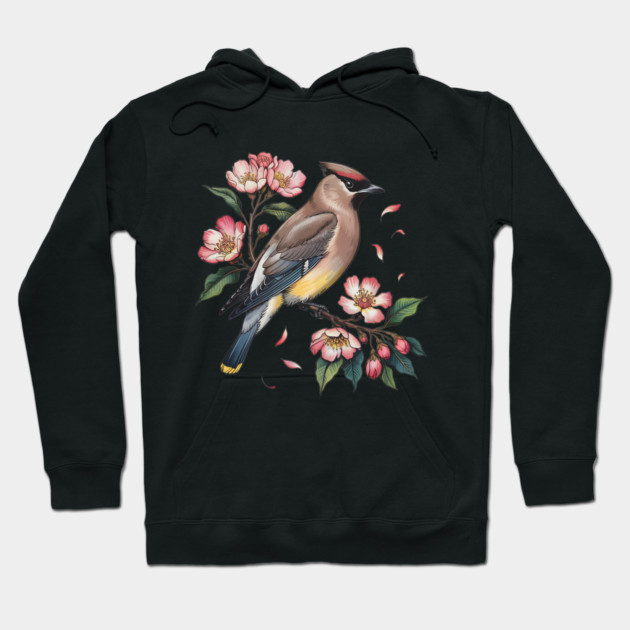 Vintage Cedar Waxwing with Deep Pink Spring Flowers Hoodie by BirdsnStuff
