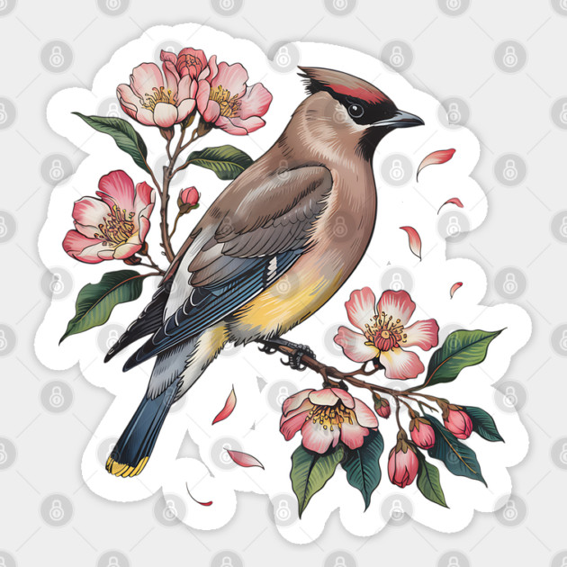 Vintage Cedar Waxwing with Deep Pink Spring Flowers Sticker by BirdsnStuff