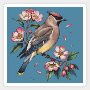 Vintage Cedar Waxwing with Deep Pink Spring Flowers Magnet