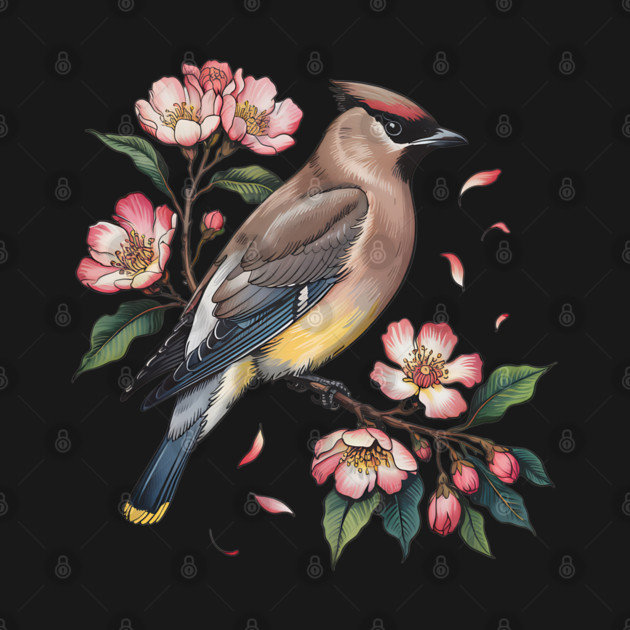 Vintage Cedar Waxwing with Deep Pink Spring Flowers by BirdsnStuff
