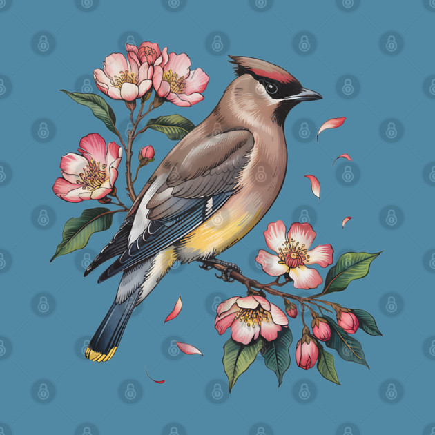 Vintage Cedar Waxwing with Deep Pink Spring Flowers by BirdsnStuff