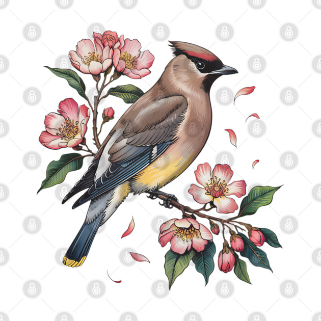 Vintage Cedar Waxwing with Deep Pink Spring Flowers by BirdsnStuff