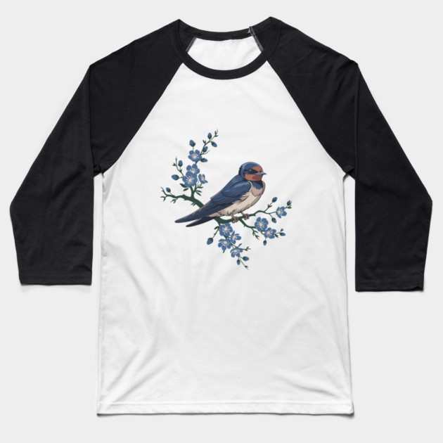 Vintage Barn Swallow with Blue Botanical Blossoms Baseball T-Shirt by BirdsnStuff