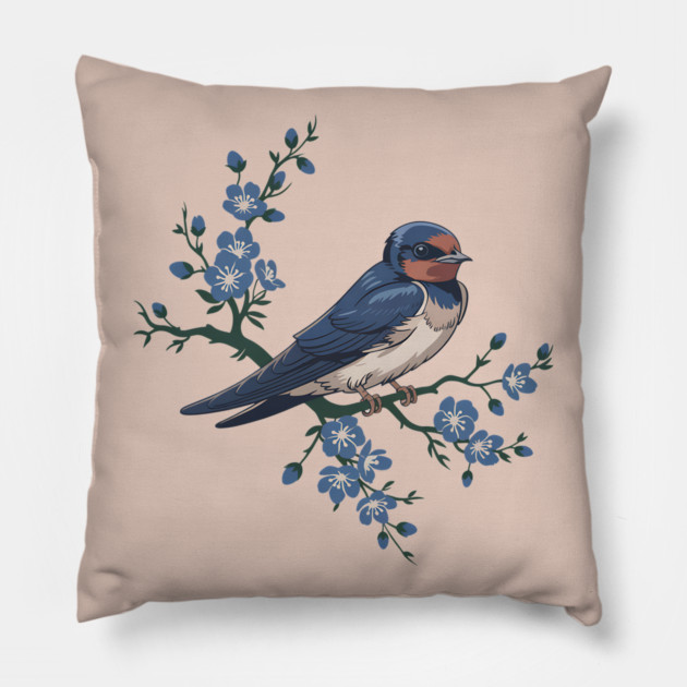 Vintage Barn Swallow with Blue Botanical Blossoms Pillow by BirdsnStuff