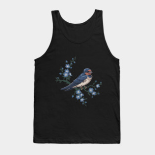 Vintage Barn Swallow with Blue Botanical Blossoms Tank Top