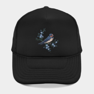 Vintage Barn Swallow with Blue Botanical Blossoms Hat