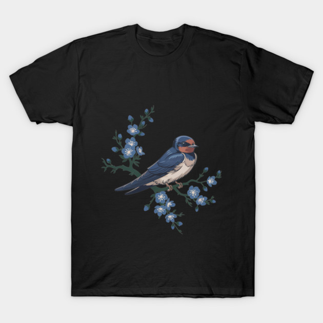 Vintage Barn Swallow with Blue Botanical Blossoms T-Shirt by BirdsnStuff