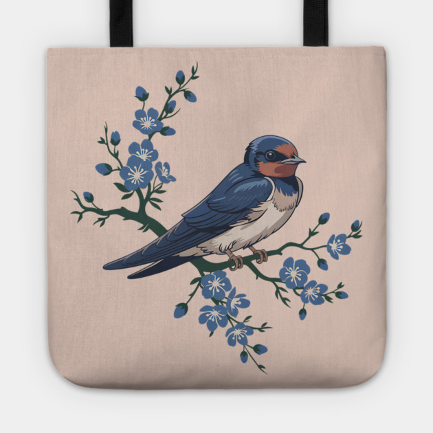 Vintage Barn Swallow with Blue Botanical Blossoms Tote by BirdsnStuff