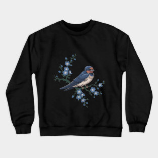 Vintage Barn Swallow with Blue Botanical Blossoms Crewneck Sweatshirt
