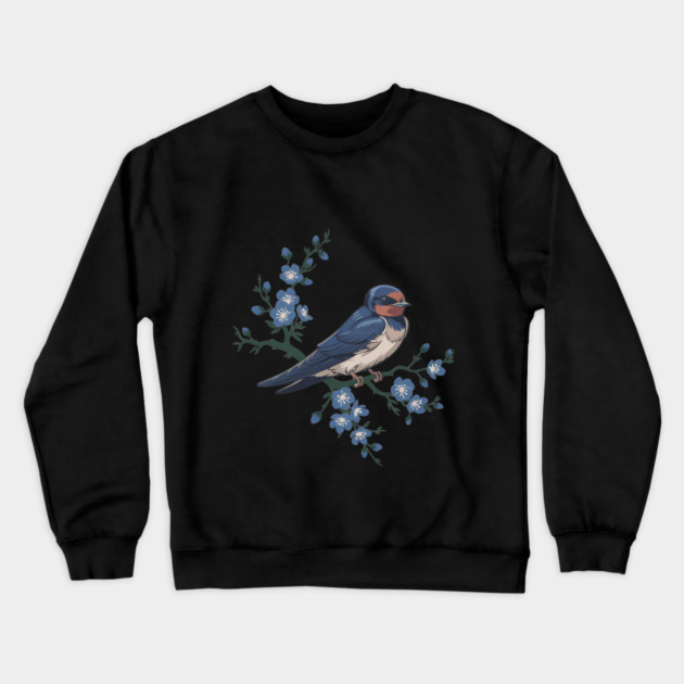 Vintage Barn Swallow with Blue Botanical Blossoms Crewneck Sweatshirt by BirdsnStuff