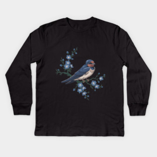 Vintage Barn Swallow with Blue Botanical Blossoms Kids Long Sleeve T-Shirt