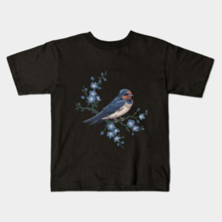 Vintage Barn Swallow with Blue Botanical Blossoms Kids T-Shirt