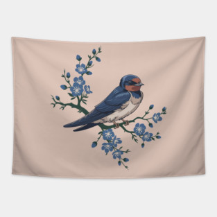Vintage Barn Swallow with Blue Botanical Blossoms Tapestry