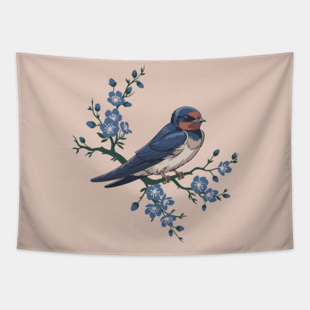 Vintage Barn Swallow with Blue Botanical Blossoms Tapestry by BirdsnStuff