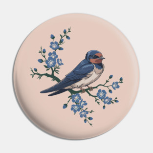 Vintage Barn Swallow with Blue Botanical Blossoms Pin