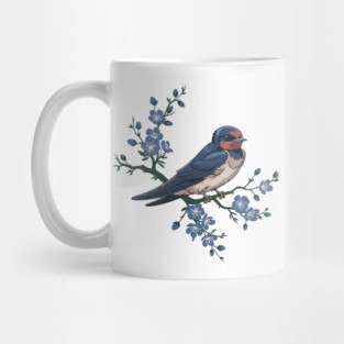 Vintage Barn Swallow with Blue Botanical Blossoms Mug