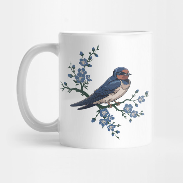 Vintage Barn Swallow with Blue Botanical Blossoms by BirdsnStuff