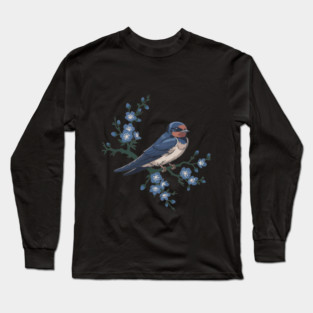 Vintage Barn Swallow with Blue Botanical Blossoms Long Sleeve T-Shirt