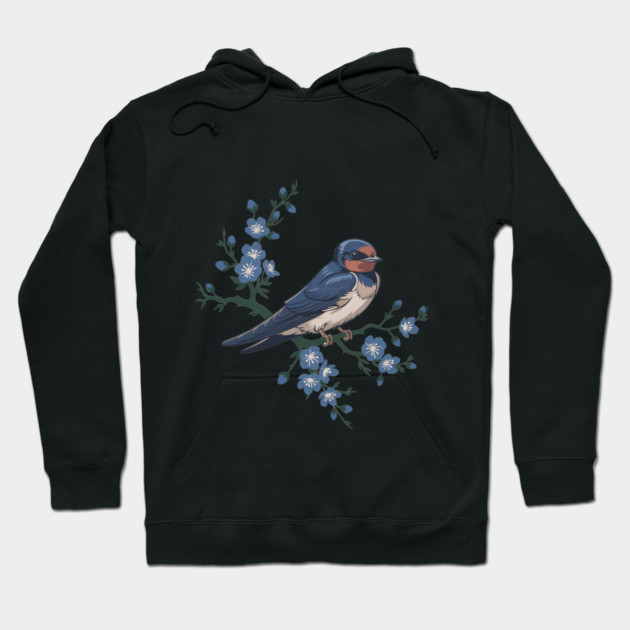 Vintage Barn Swallow with Blue Botanical Blossoms Hoodie by BirdsnStuff