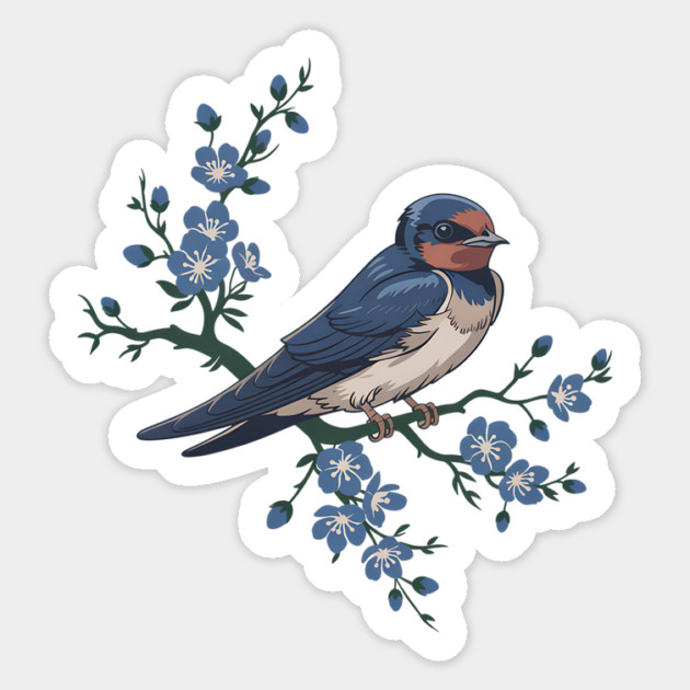 Vintage Barn Swallow with Blue Botanical Blossoms Magnet by BirdsnStuff