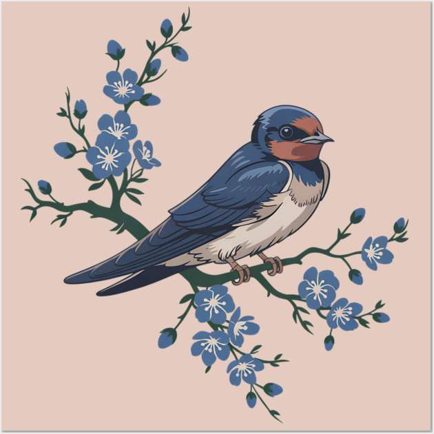 Vintage Barn Swallow with Blue Botanical Blossoms Wall Art by BirdsnStuff