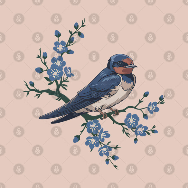 Vintage Barn Swallow with Blue Botanical Blossoms by BirdsnStuff