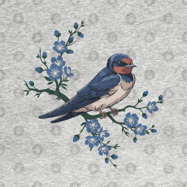 Vintage Barn Swallow with Blue Botanical Blossoms by BirdsnStuff