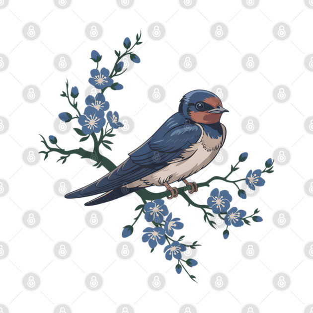 Vintage Barn Swallow with Blue Botanical Blossoms by BirdsnStuff
