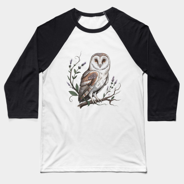 Vintage Barn Owl Perched with Botanical Lavender Baseball T-Shirt by BirdsnStuff