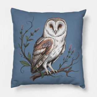 Vintage Barn Owl Perched with Botanical Lavender Pillow