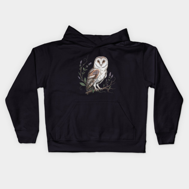 Vintage Barn Owl Perched with Botanical Lavender Kids Hoodie by BirdsnStuff