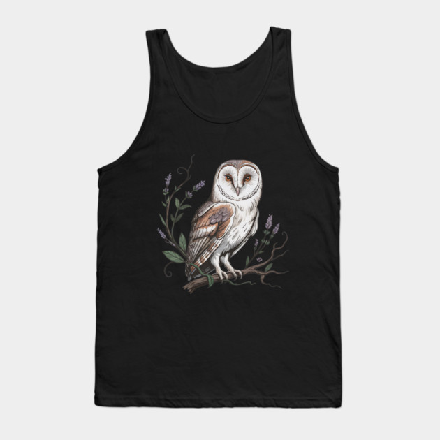 Vintage Barn Owl Perched with Botanical Lavender Tank Top by BirdsnStuff