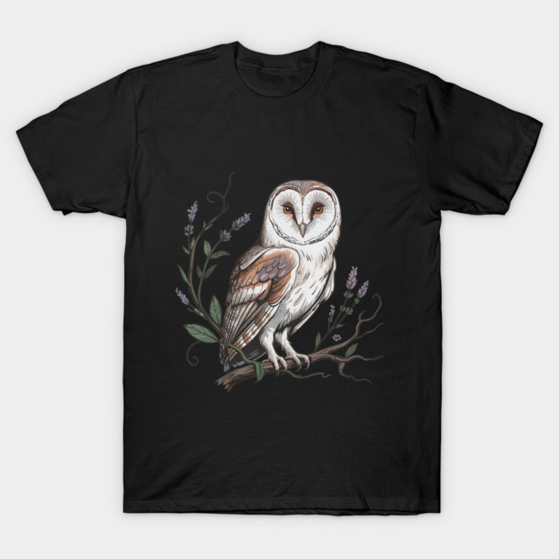 Vintage Barn Owl Perched with Botanical Lavender T-Shirt by BirdsnStuff