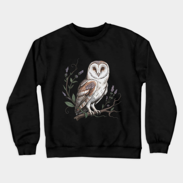Vintage Barn Owl Perched with Botanical Lavender Crewneck Sweatshirt by BirdsnStuff