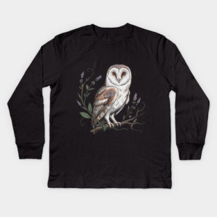 Vintage Barn Owl Perched with Botanical Lavender Kids Long Sleeve T-Shirt