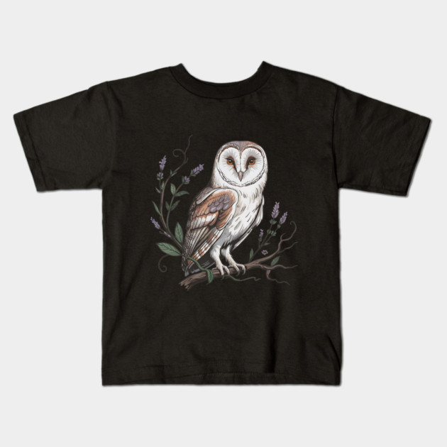 Vintage Barn Owl Perched with Botanical Lavender Kids T-Shirt by BirdsnStuff