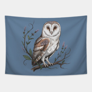 Vintage Barn Owl Perched with Botanical Lavender Tapestry