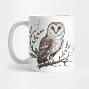 Vintage Barn Owl Perched with Botanical Lavender Mug