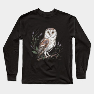 Vintage Barn Owl Perched with Botanical Lavender Long Sleeve T-Shirt
