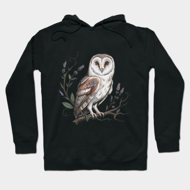Vintage Barn Owl Perched with Botanical Lavender Hoodie by BirdsnStuff