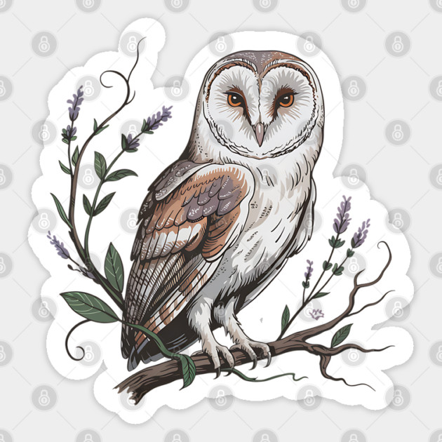 Vintage Barn Owl Perched with Botanical Lavender Sticker by BirdsnStuff