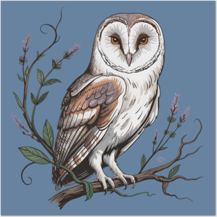 Vintage Barn Owl Perched with Botanical Lavender Posters and Art