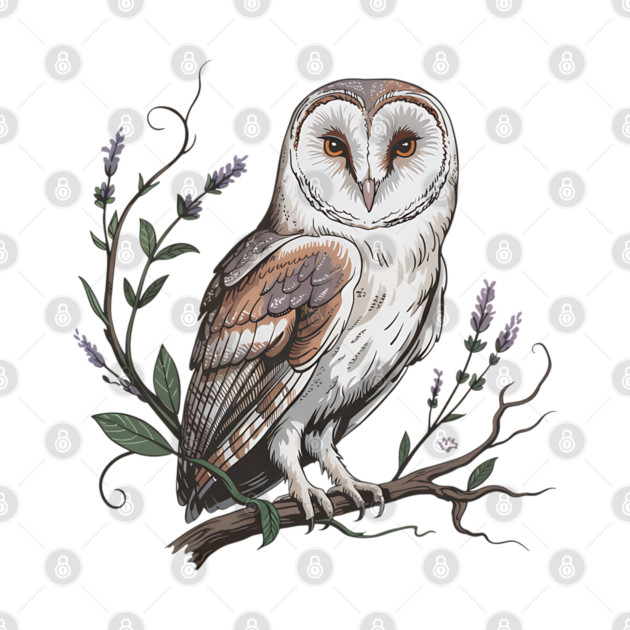 Vintage Barn Owl Perched with Botanical Lavender by BirdsnStuff