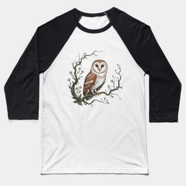 Vintage Barn Owl with Woodland Botanical Frame Baseball T-Shirt by BirdsnStuff