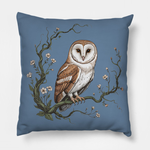 Vintage Barn Owl with Woodland Botanical Frame Pillow by BirdsnStuff