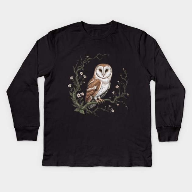 Vintage Barn Owl with Woodland Botanical Frame Kids Long Sleeve T-Shirt by BirdsnStuff