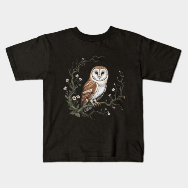 Vintage Barn Owl with Woodland Botanical Frame Kids T-Shirt by BirdsnStuff