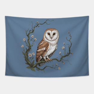 Vintage Barn Owl with Woodland Botanical Frame Tapestry
