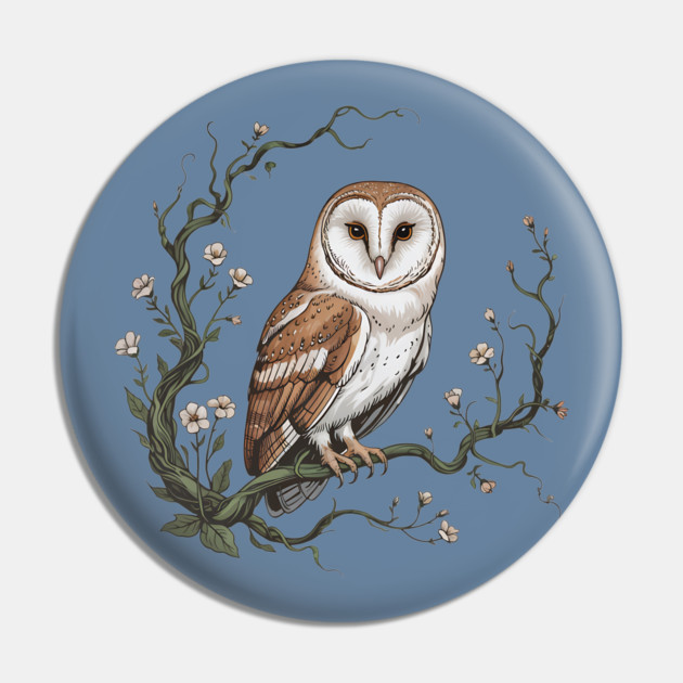 Vintage Barn Owl with Woodland Botanical Frame Pin by BirdsnStuff